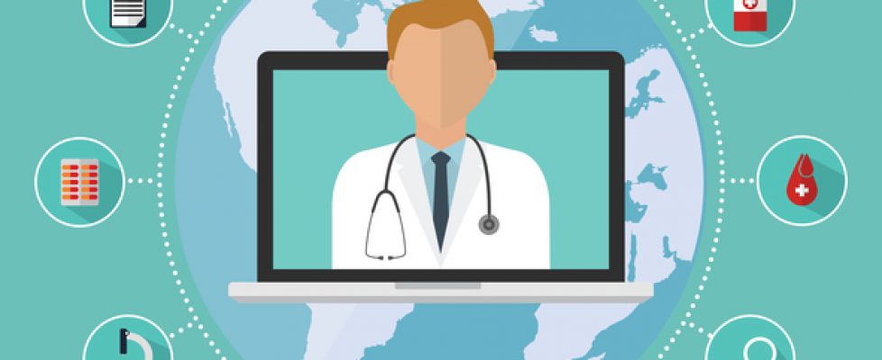 Doctor on internet online laptop for telemedicine with longs shadow medical icon. Vector illustration flat design medical healthcare concept technology trend. Doctor on internet online laptop for telemedicine with longs shadow medical icon. Vector illustration flat design medical healthcare concept technology trend.