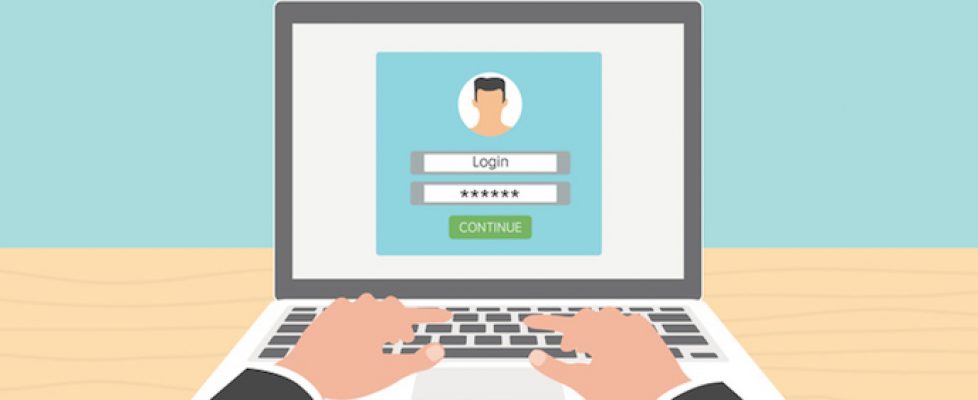 Log in account on the laptop. Hands on the laptop. Vector Illustration. Log in account on the laptop. Hands on the laptop. Vector Illustration.